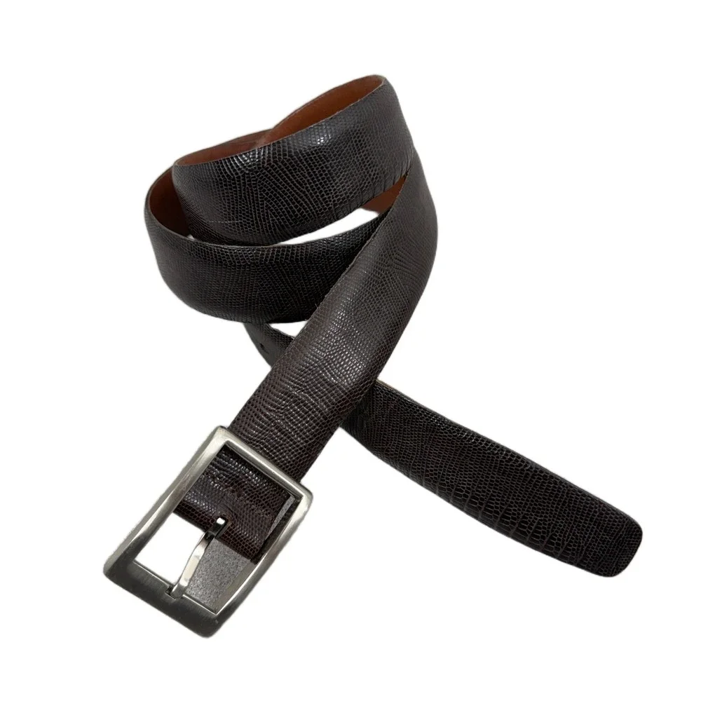 Cole Haan Brown Leather Belt Size 40 Mens Lizard Grain Silver Buckle Dress 1.25